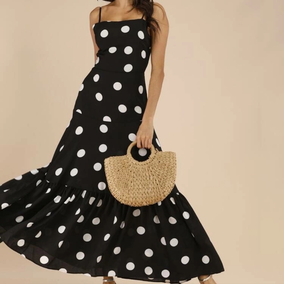 Black & White Polka Dot Ruffle Hem Cami Maxi Dress Small - Picture 3 of 4